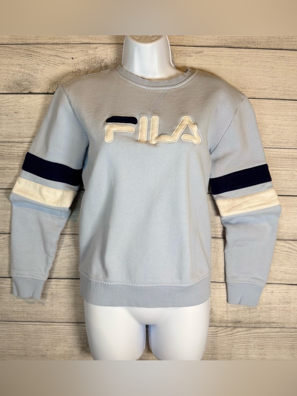 FILA Light Blue Crewneck with Navy and Cream Stripes